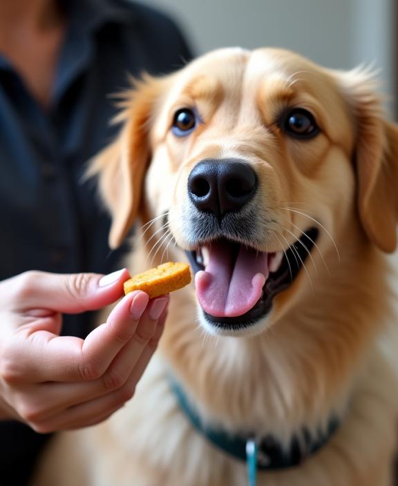 A dog trainer rewarding a happy dog with a treat, demonstrating positive reinforcement.