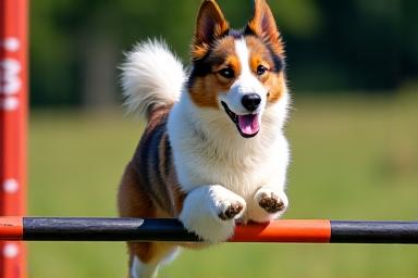 A dog skillfully navigating an agility course jump.