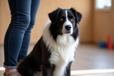 A dog sitting attentively next to its owner in an obedience class.