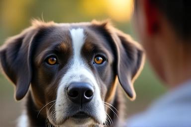 A dog practicing focus on its handler, addressing behavioral challenges.
