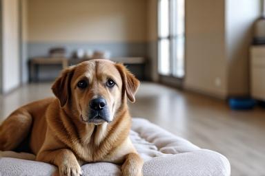A well-groomed dog resting comfortably in a clean, spacious kennel during a board-and-train program.